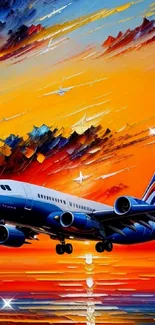 Colorful airplane flying through vibrant sunset sky, creating a stunning visual artwork.