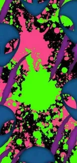 Abstract neon wallpaper with alien heads and vibrant splashes.