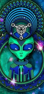 Vibrant alien illustration with cosmic geometric patterns.