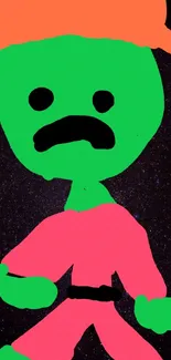 Bright green cartoon figure with pink outfit on a starry night background.