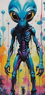 Colorful alien artwork wallpaper with neon splashes on mobile screen.