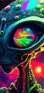 Neon green alien art with vibrant colors and galactic theme.