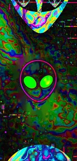 Psychedelic alien-themed wallpaper with vibrant neon colors.