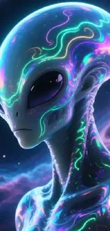 Neon alien in cosmic setting with glowing patterns and vibrant colors.