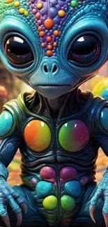 Colorful alien with vibrant bubbles in a fantasy setting.