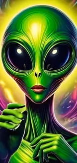 Vibrant alien artwork with cosmic background.