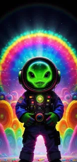 Colorful alien astronaut in vibrant cosmic scene