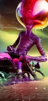 Abstract alien on vibrant motorcycle with cosmic background.