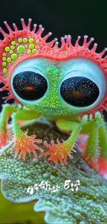 Colorful alien creature with large eyes on a leaf.