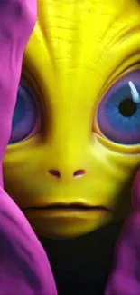 Vibrant alien creature with large eyes surrounded by pink fabric.