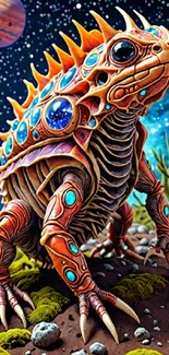 Detailed alien creature with cosmic background and vibrant colors.