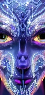 Close-up of a vibrant, colorful alien face with intricate patterns.