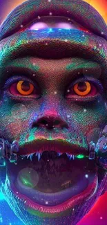 Vibrant alien face with colorful hues and bright eyes.