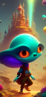 A colorful whimsical alien in a fantasy landscape with floating planets.