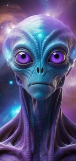 Alien with purple eyes in a cosmic background wallpaper.