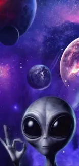 Alien waving in a vibrant galaxy with planets.
