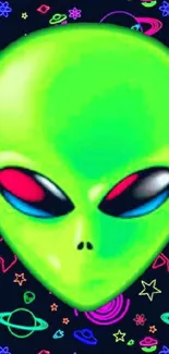 Neon green alien head with colorful cosmic background.