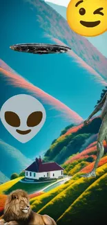 Alien, UFO, and lion on colorful hills with emoji.