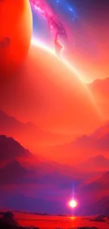 Vibrant alien landscape with a red planet, suitable for mobile wallpaper.