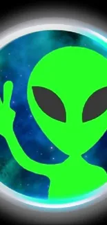 Neon green alien with peace sign on cosmic background.