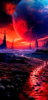 A vibrant alien planet with a colorful sky and rocky landscape wallpaper.