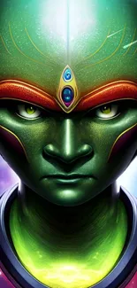 Vibrant green alien portrait with futuristic design elements in space background.