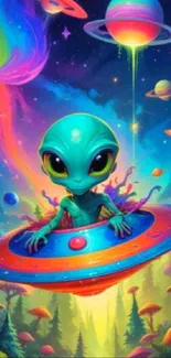 Whimsical alien in colorful cosmic universe