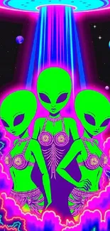 Colorful alien-themed mobile wallpaper with vibrant neon accents.