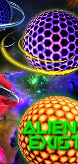 Vibrant alien-themed space wallpaper with glowing spheres and cosmic elements.