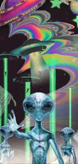 Vibrant wallpaper with aliens and UFOs, psychedelic colors.