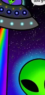 Colorful alien spaceship with rainbow lights in space.