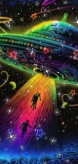 Vibrant UFO with a rainbow beam in space.