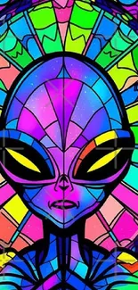 Vibrant stained glass alien-themed art with psychedelic colors.