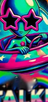 Alien steering a neon spaceship with starry design.