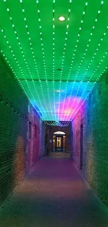 Colorful LED-lit alleyway with green, blue, and pink lights.