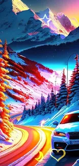 Vibrant alpine winter scene with colorful trees and a car on a snowy road.