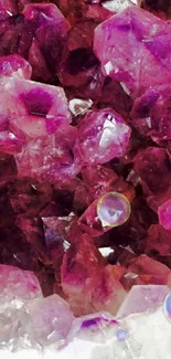 Close-up of vibrant purple amethyst crystals on a mobile wallpaper design.