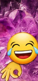 Purple amethyst crystal wallpaper with laughing emoji.