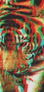 Vibrant anaglyph tiger wallpaper with red and blue hues.