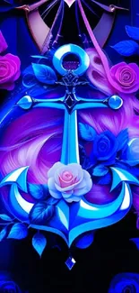 A vibrant blue anchor with colorful flowers as a mobile wallpaper.