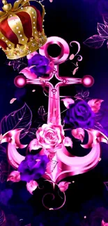 Vibrant anchor and roses with crown on a purple background.