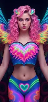 Artistic fantasy angel with vibrant, colorful wings and neon colors.