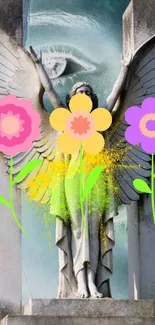 Angelic statue with vibrant flowers overlay.