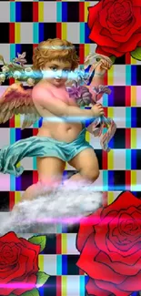 Colorful cherub and red roses art wallpaper.