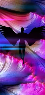 Vibrant abstract wallpaper with angel silhouette.