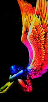 Colorful angel with vibrant wings on a dark background.