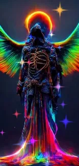 Vivid neon angel with colorful wings.