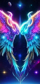 Vibrant neon angel wings against a cosmic galaxy background.