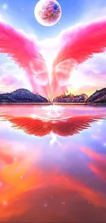 Mobile wallpaper of pink angel wings reflected in a serene lake with a mystical sky.