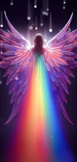 Vibrant angel wings in rainbow hues on mobile wallpaper.